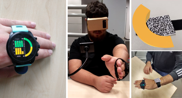 (left) Micro visualizations displayed on a smartwatch to assist a patient with wrist rehabilitation. (middle) A participant is wearing a Google cardboard and performing the ROM exercises in AR. (right) A radial visualization in AR is displayed over the marker around the wrist.
