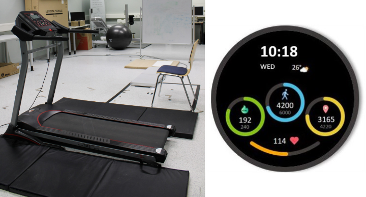 (left) The treadmill used in the pervasive lab and operated at a speed of 2km/h and 4km/h to simulate walking speeds and 6km/h for jogging. (right) An example of a watch-face stimulus displayed on the smartwatch while performing the task.
